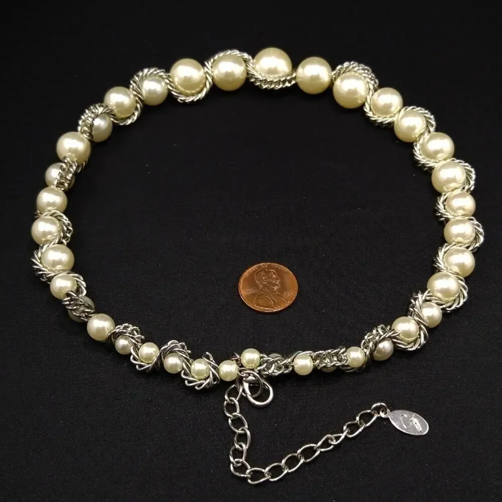 Faux Pearl Silver Chain Memory Wire Choker Necklace, 21 Inches, CG Hangtag